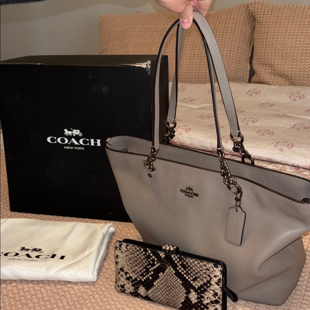 Coach Sophia gray Leather Tote with Chain Straps and wallet